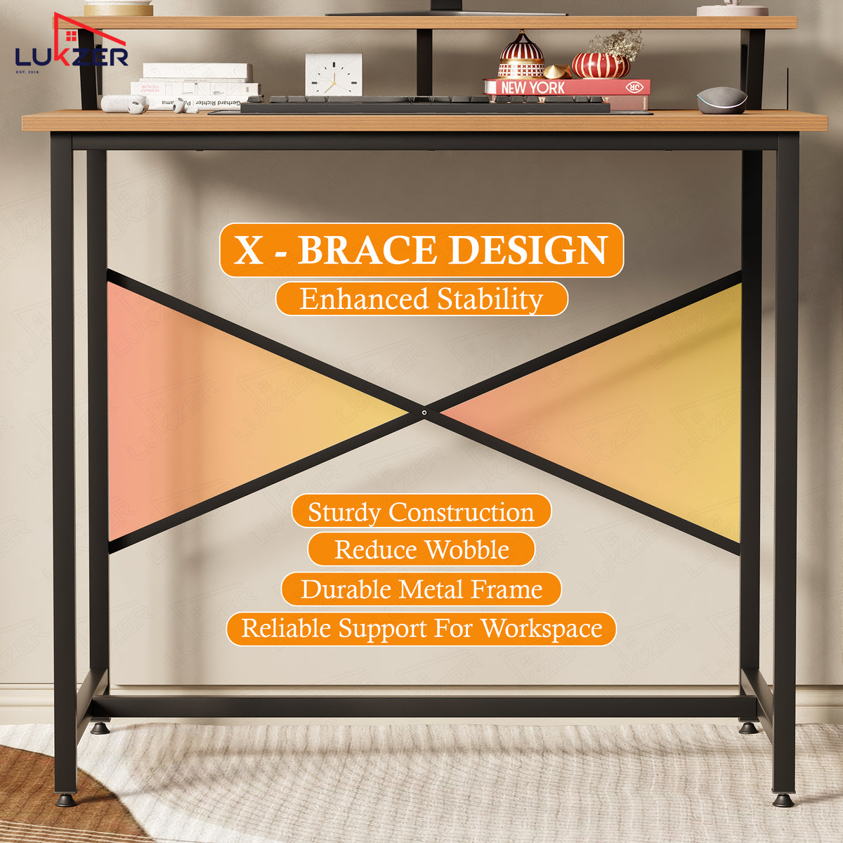 Lukzer X-Support Study Table with Monitor Riser for Home Office (MST-009/Black & Oak Brown)