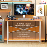 Lukzer Engineered Wood Study Table with X-Support Metal Frame & Adjustable Footpad (MST-009/White & Oak Brown)