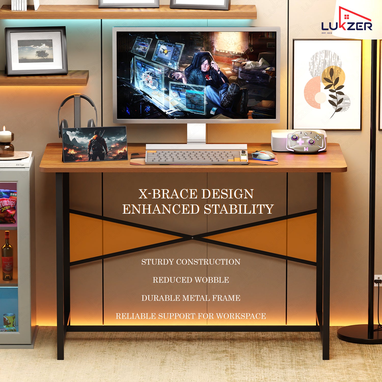 Lukzer Engineered Wood Study Table with X-Support Metal Frame & Adjustable Footpad (MST-009/Black & Oak Brown)