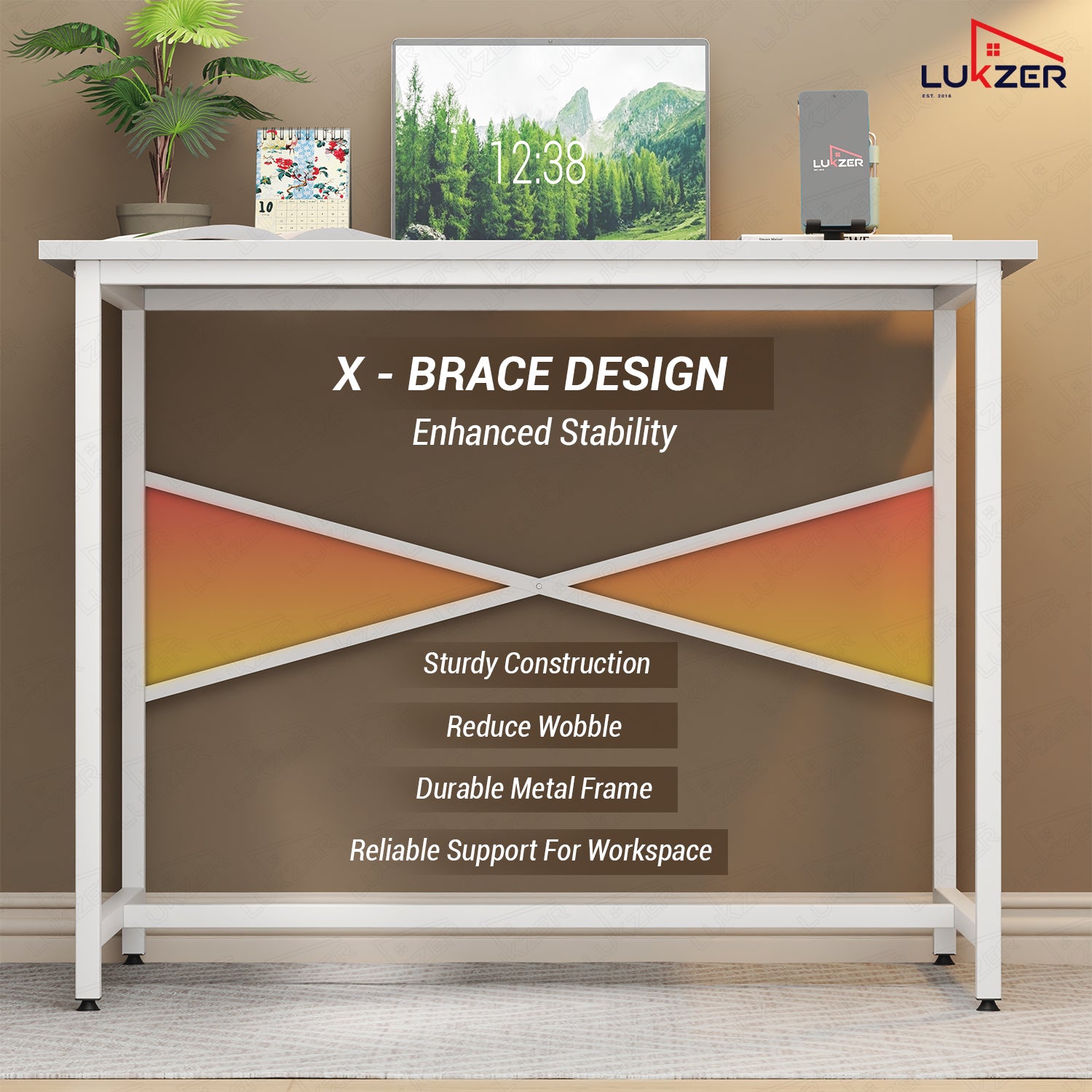 Lukzer X-Support Metal Frame & Engineered Wood Study Table for Home & Office (MST-008) white & white