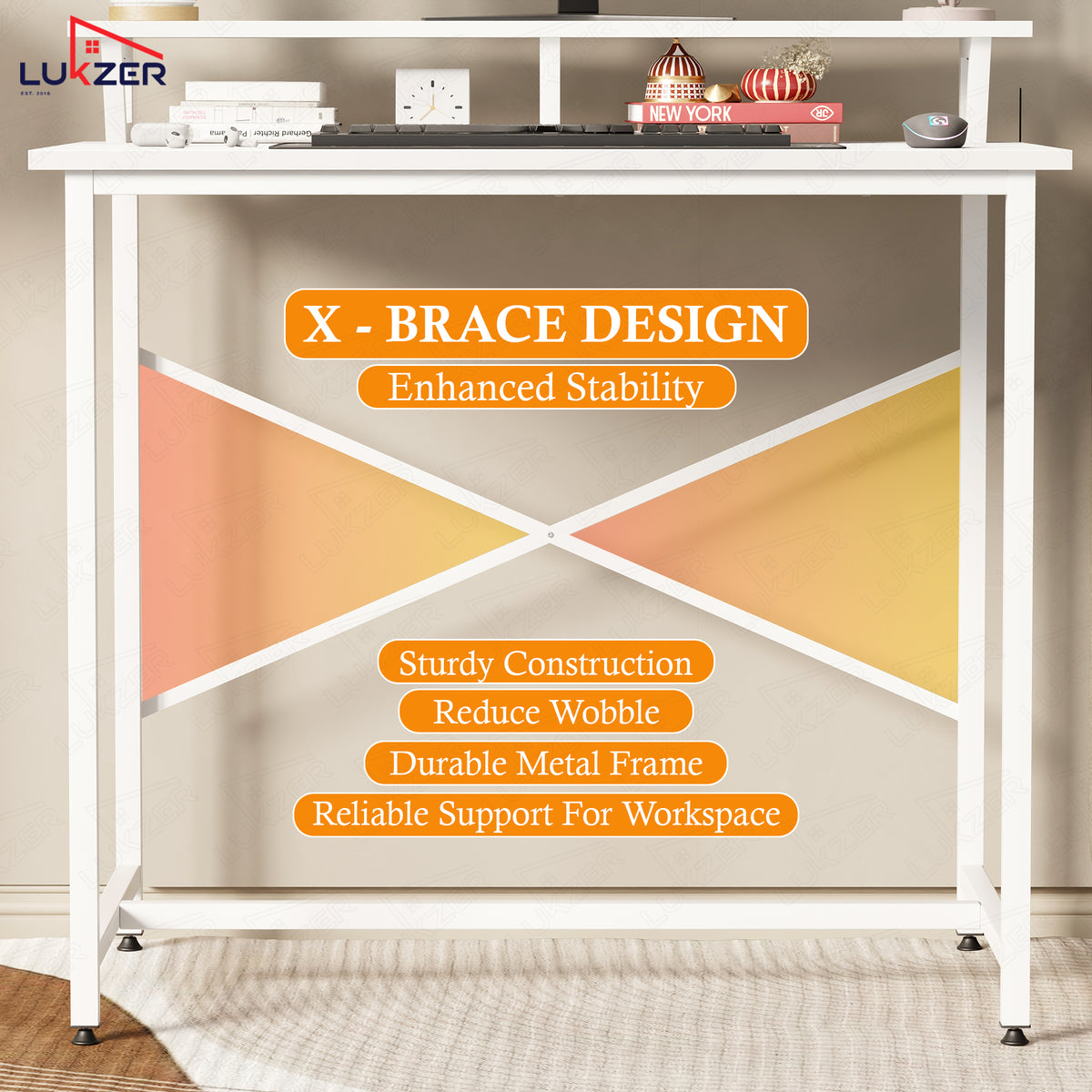 Lukzer X-Support Study Table with Monitor Riser for Home Office (MST-009/White & White)