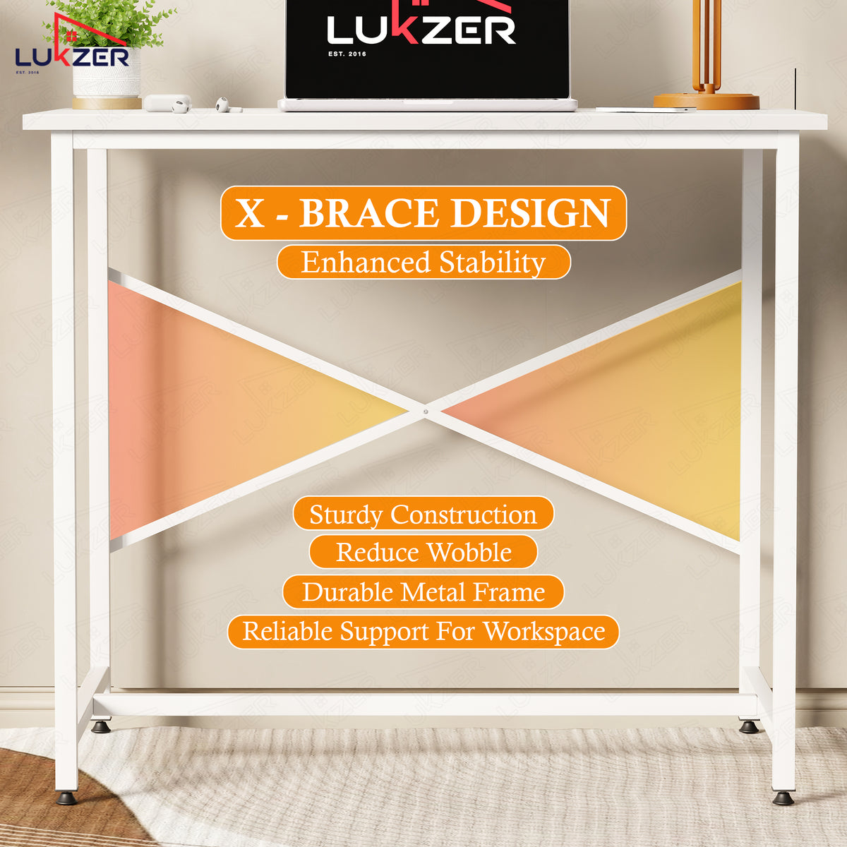 Lukzer X-Support Metal Frame & Engineered Wood Study Table for Home & Office (MST-008) white & white