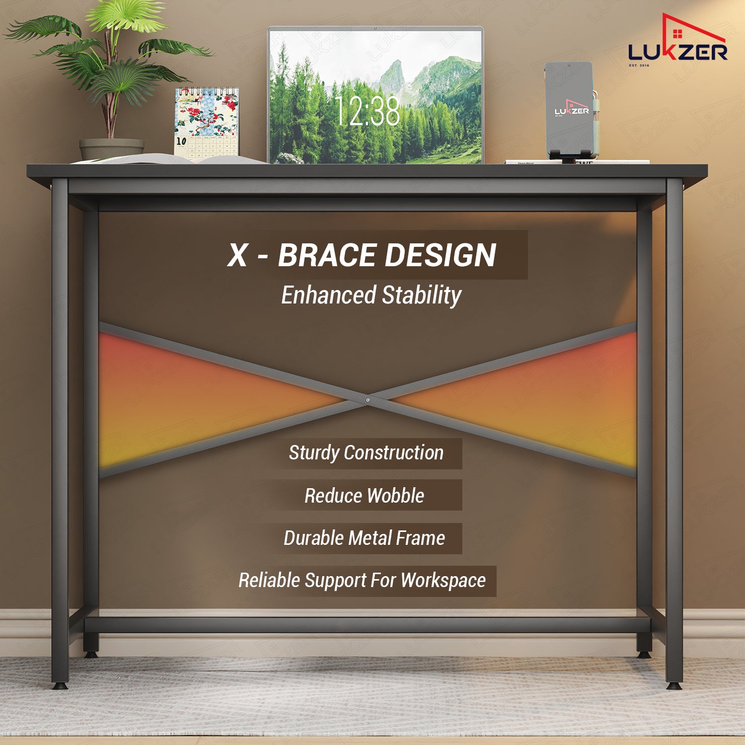 Lukzer X-Support Metal Frame & Engineered Wood Study Table for Home & Office (MST-008) Black &  Black