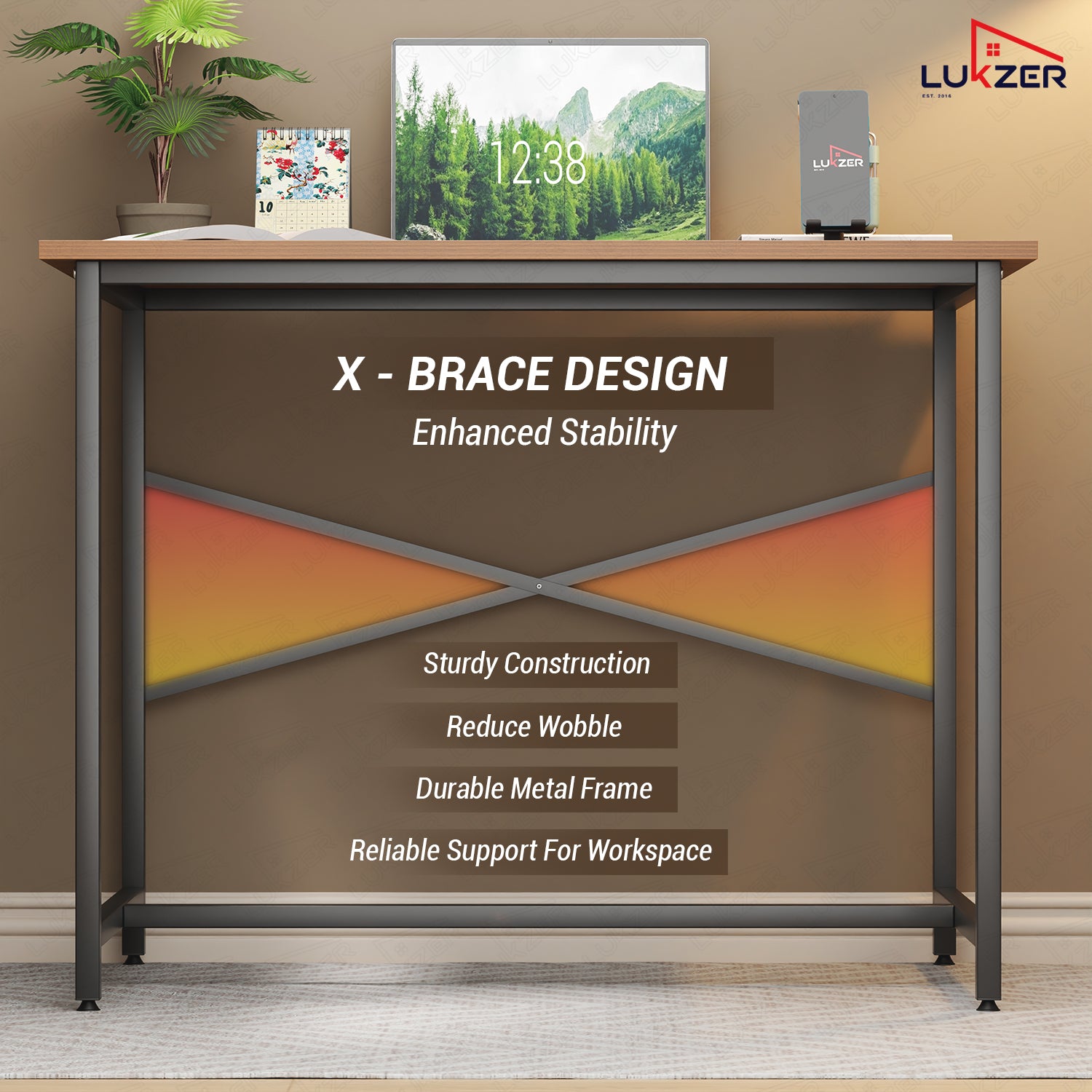 Lukzer X-Support Metal Frame & Engineered Wood Study Table for Home & Office (MST-008) Black &  Oak Brown
