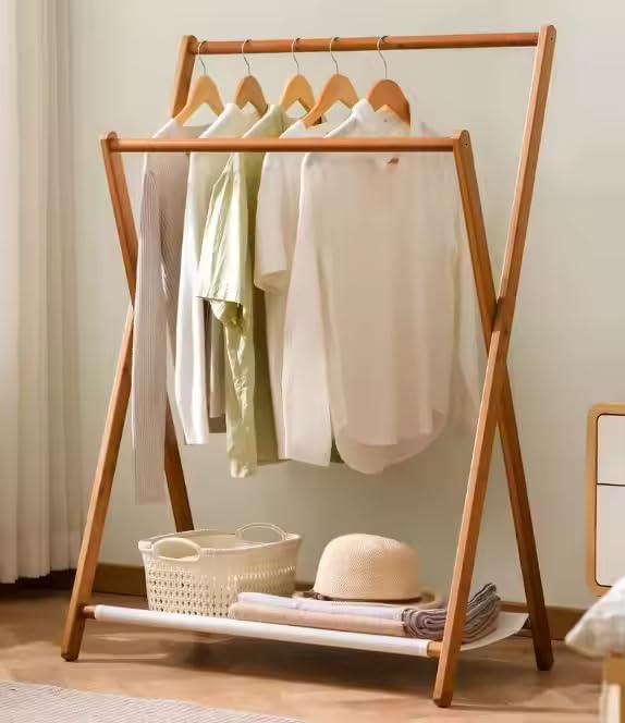 Lukzer X-Shape Bamboo Clothes Rack with Double Hanging Rods & Storage Shelf