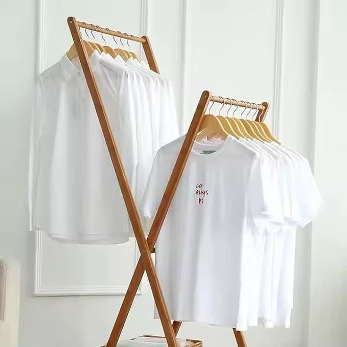 Lukzer X-Shape Bamboo Clothes Rack with Double Hanging Rods & Storage Shelf