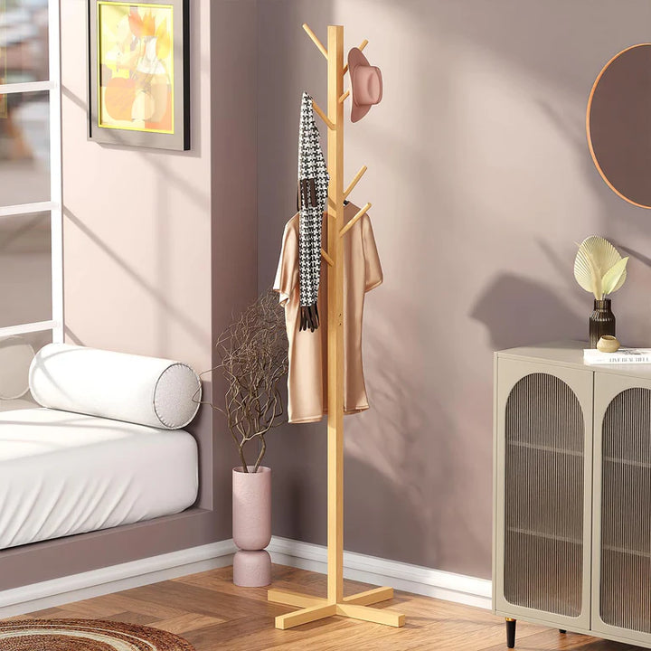 Lukzer Bamboo Freestanding Coat Hanger Stand with 8 Hooks (CH-493)