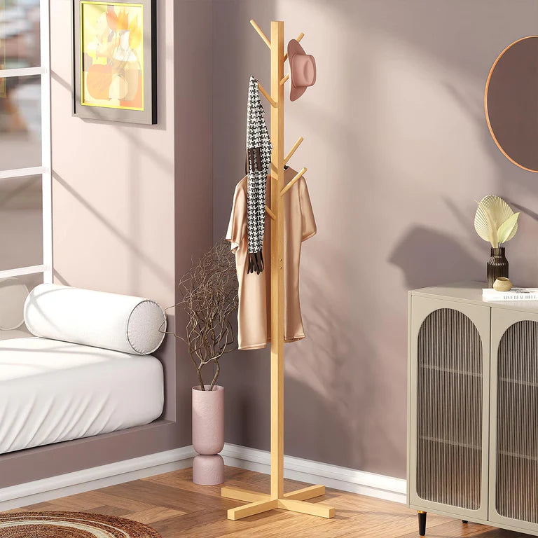 Lukzer Bamboo Freestanding Coat Hanger Stand with 8 Hooks (CH-493)