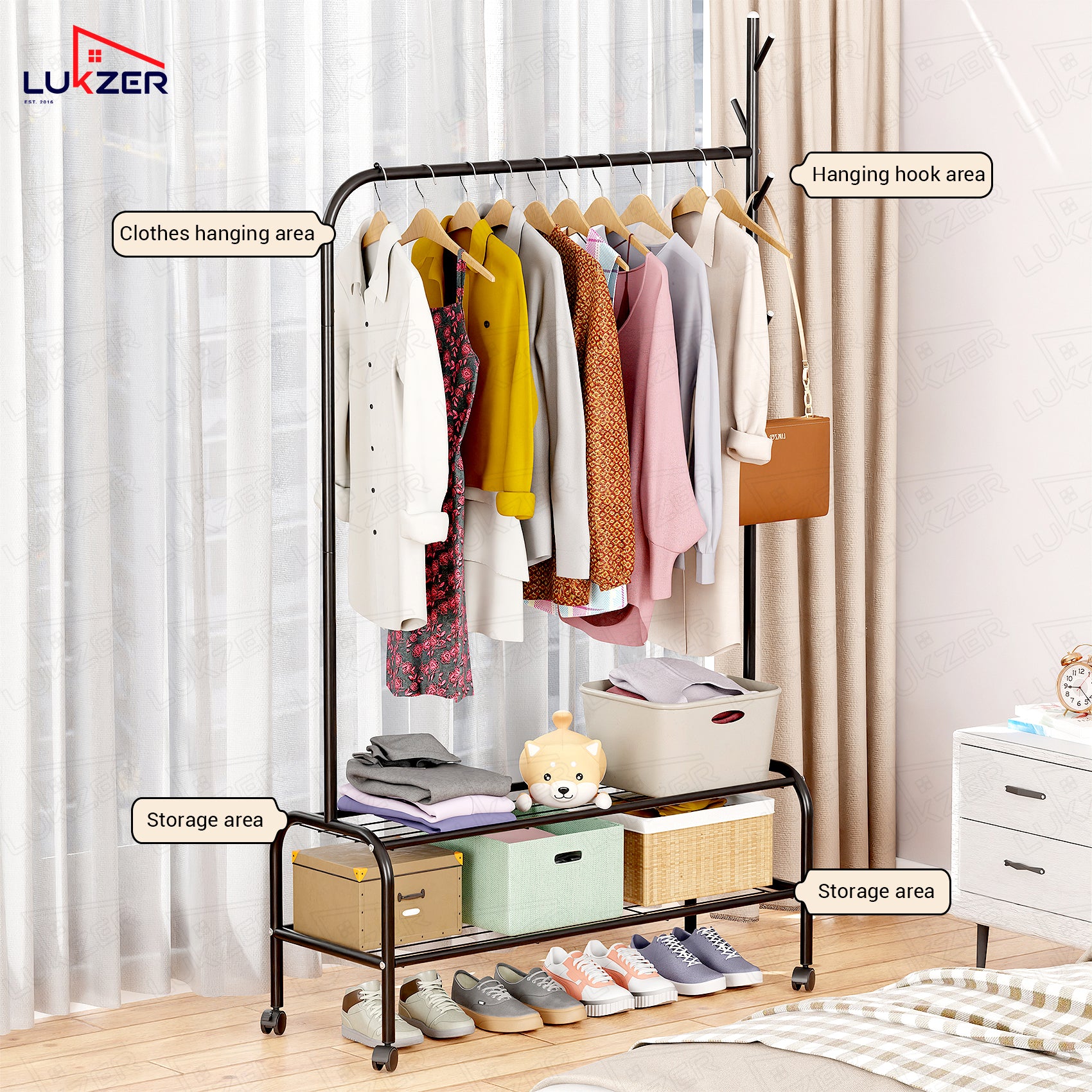 Lukzer Multipurpose Single Pole Metal Garment Rack with Wheels &amp; 2 Bottom Shelves - (MGR-006) (White, Gold, Grey, Pink, Deep Sea, Black)