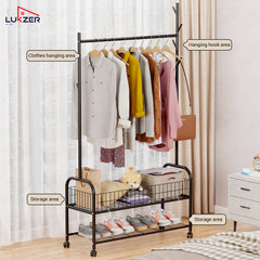 Lukzer Heavy-Duty Portable Metal Clothes Rack with Single Rod & Bottom Shelf (MGR-001/Black)