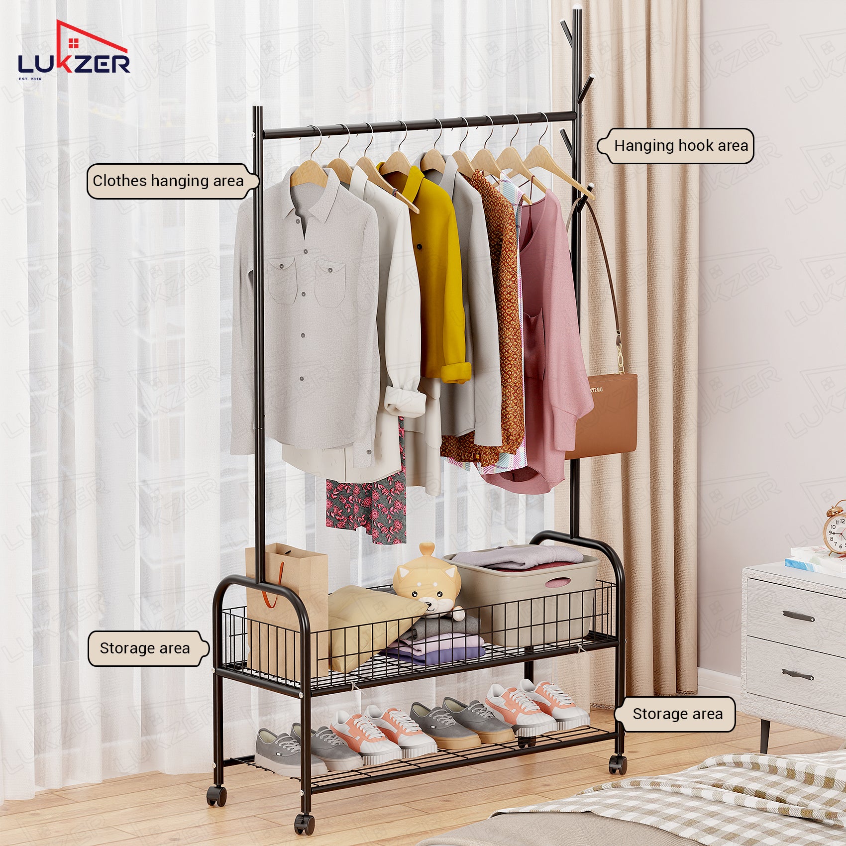 Lukzer Heavy-Duty Portable Metal Clothes Rack with Single Rod & Bottom Shelf (MGR-001/Black)