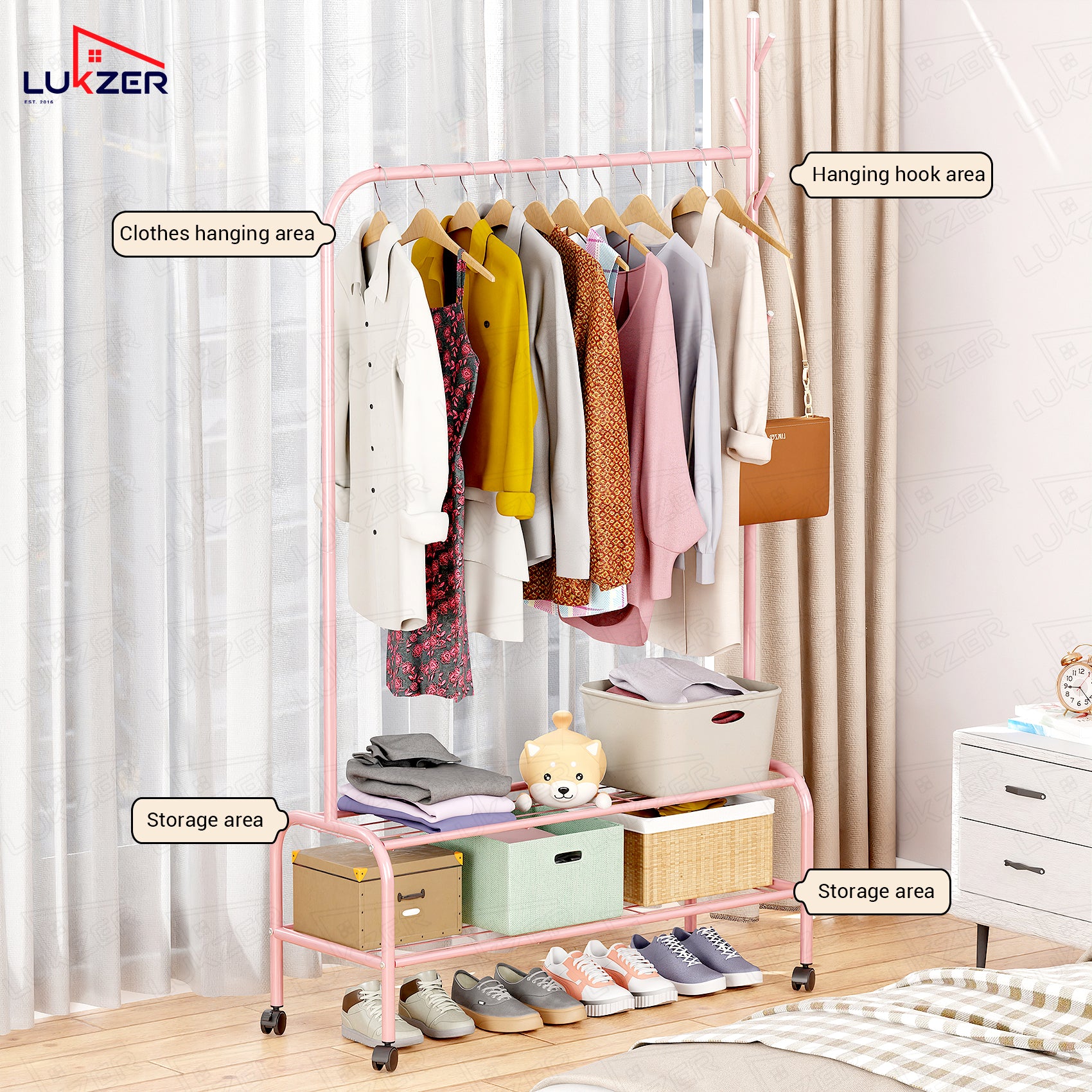Lukzer Multipurpose Single Pole Metal Garment Rack with Wheels &amp; 2 Bottom Shelves - (MGR-006) (White, Gold, Grey, Pink, Deep Sea, Black)