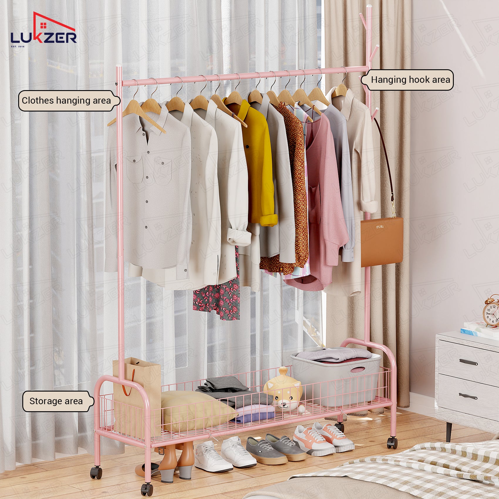 Lukzer Single Rod Garment Rack with Bottom Shelf | Cloth Organizer for Hanging Kurtas, Jackets, Bags in Bedroom, Office, Hostel &amp; More (MGR-003)