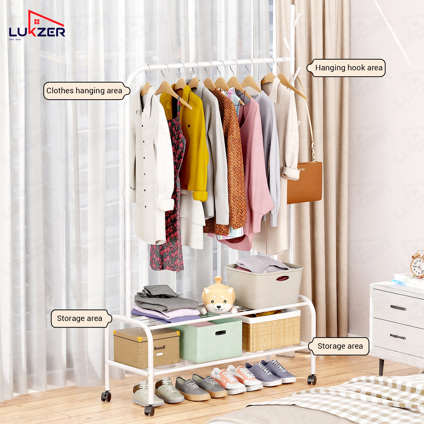 Lukzer Multipurpose Single Pole Metal Garment Rack with Wheels &amp; 2 Bottom Shelves - (MGR-006) (White, Gold, Grey, Pink, Deep Sea, Black)