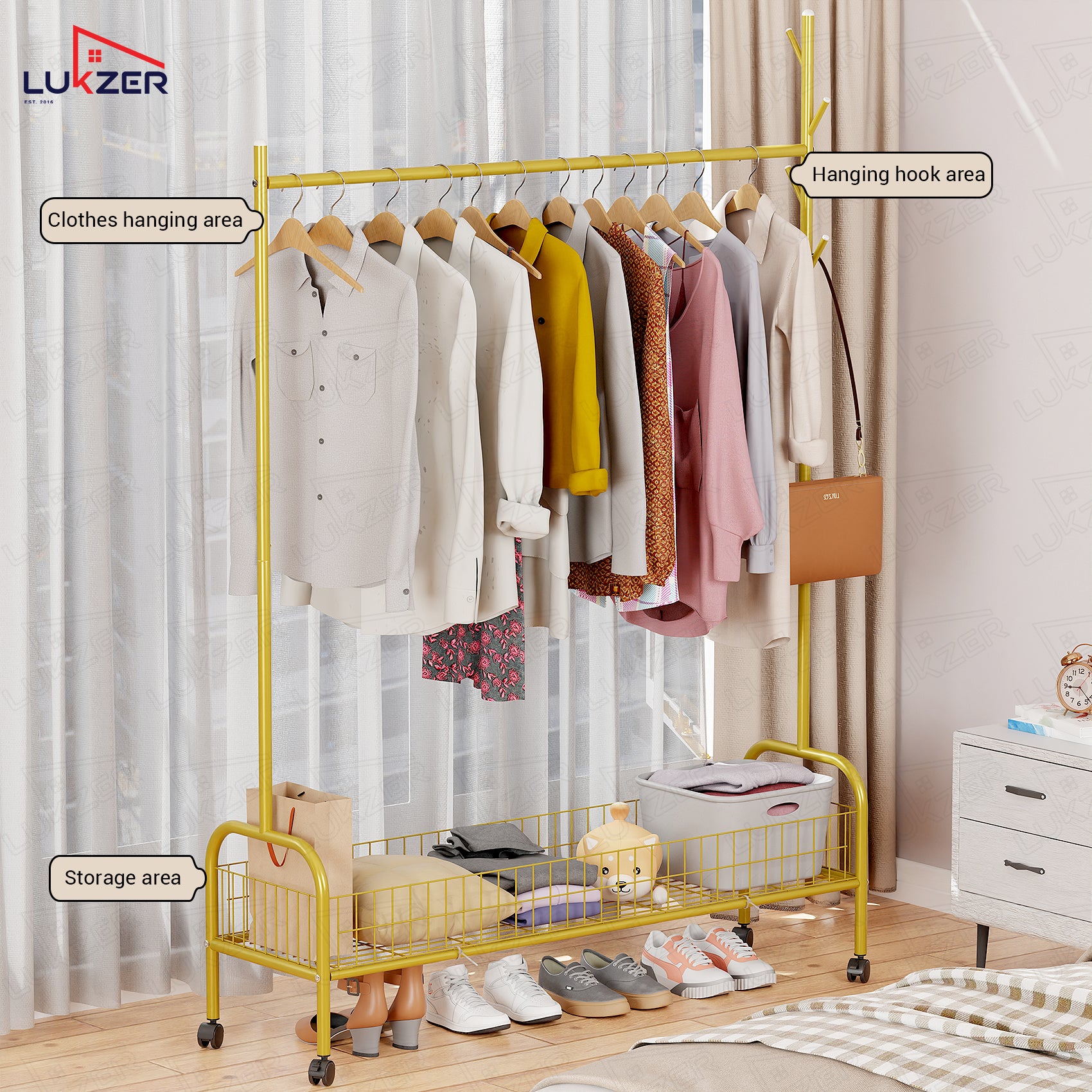 Lukzer Single Rod Garment Rack with Bottom Shelf | Cloth Organizer for Hanging Kurtas, Jackets, Bags in Bedroom, Office, Hostel &amp; More (MGR-003)