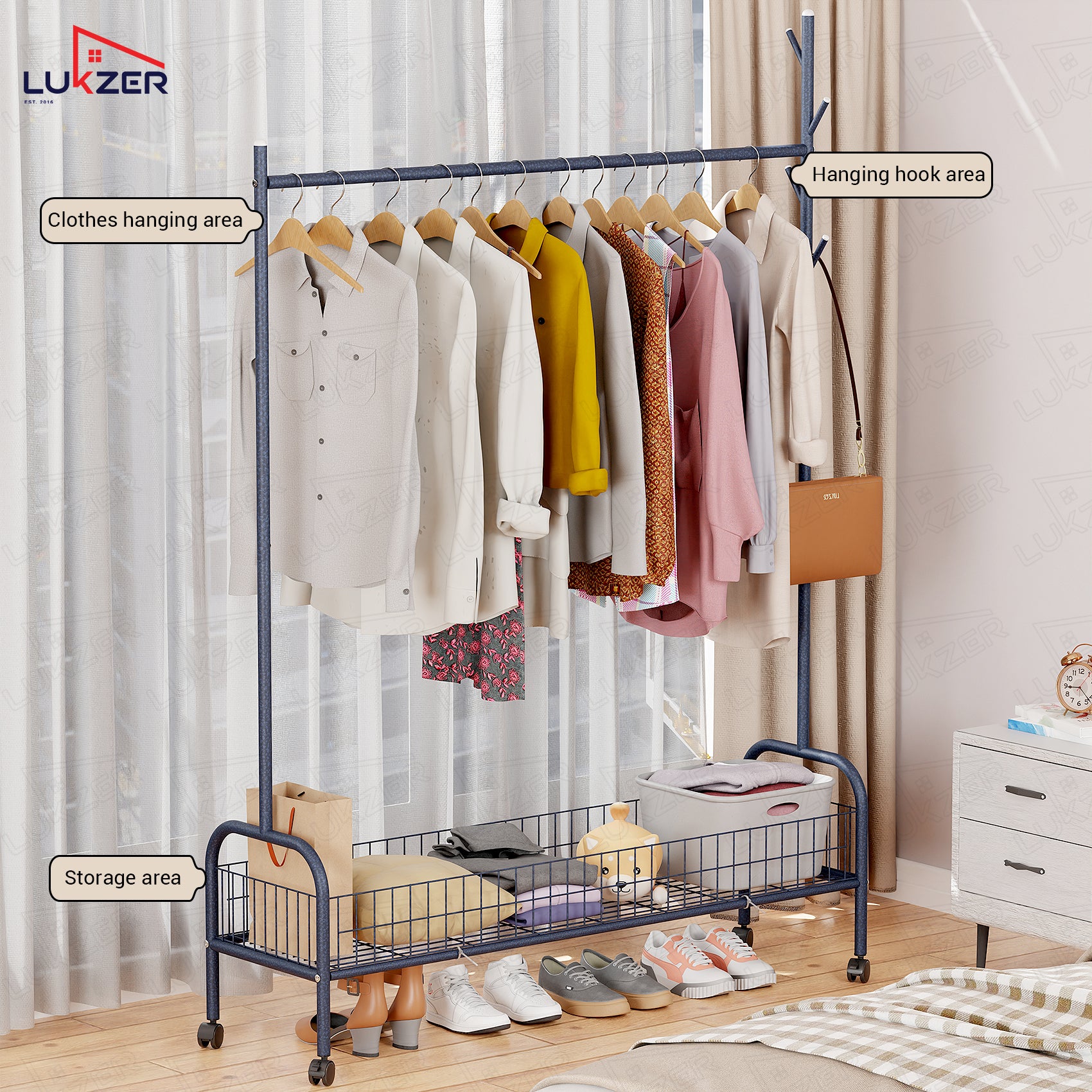 Lukzer Single Rod Garment Rack with Bottom Shelf | Cloth Organizer for Hanging Kurtas, Jackets, Bags in Bedroom, Office, Hostel &amp; More (MGR-003)