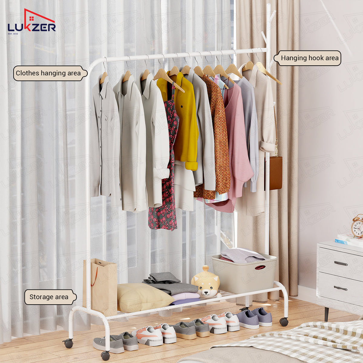 Lukzer Single Pole Portable Metal Garment Rack with Bottom Shelf (MGR-