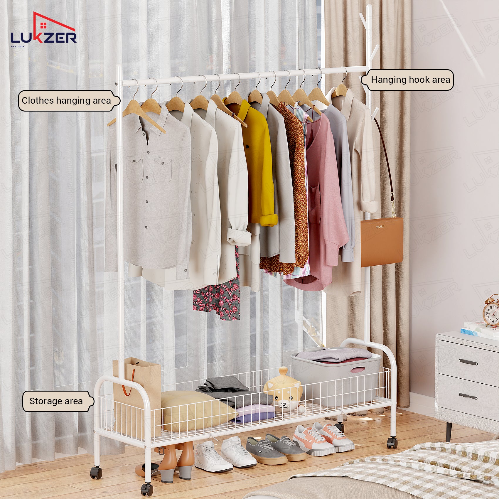 Lukzer Single Rod Garment Rack with Bottom Shelf | Cloth Organizer for Hanging Kurtas, Jackets, Bags in Bedroom, Office, Hostel &amp; More (MGR-003)