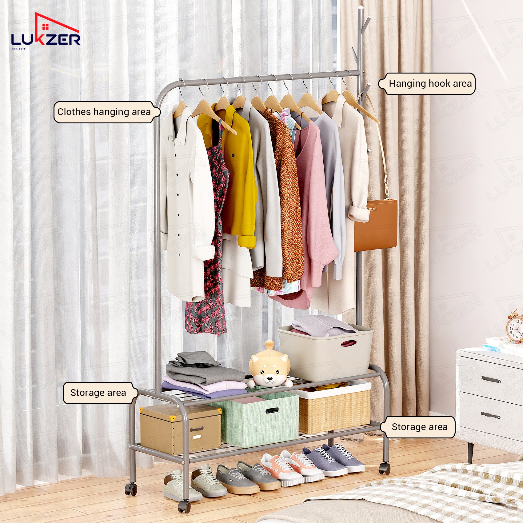 Lukzer Multipurpose Single Pole Metal Garment Rack with Wheels &amp; 2 Bottom Shelves - (MGR-006) (White, Gold, Grey, Pink, Deep Sea, Black)