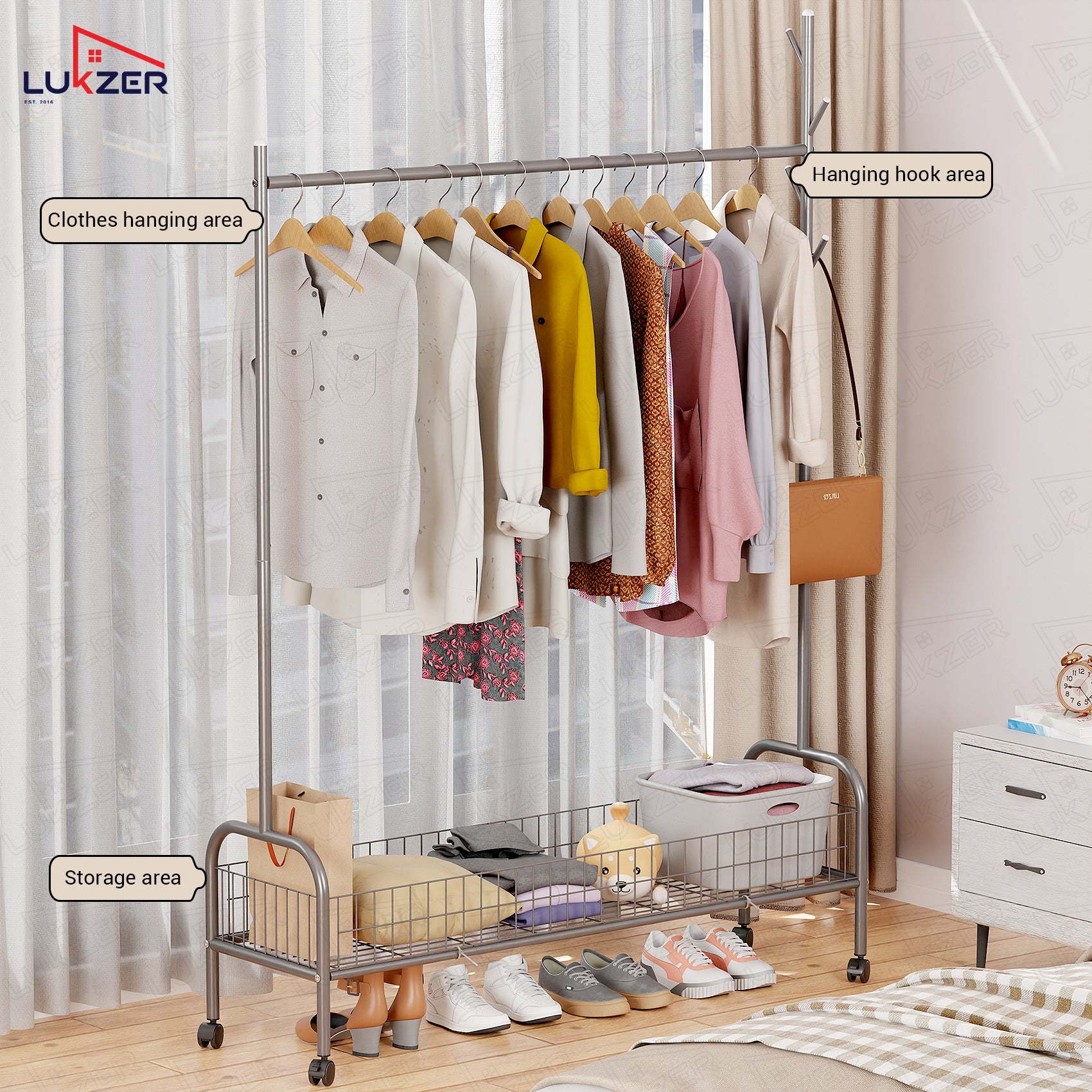 Lukzer Single Rod Garment Rack with Bottom Shelf | Cloth Organizer for Hanging Kurtas, Jackets, Bags in Bedroom, Office, Hostel &amp; More (MGR-003)