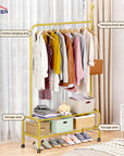 Lukzer Multipurpose Single Pole Metal Garment Rack with Wheels & 2 Bottom Shelves - (MGR-006) (White, Gold, Grey, Pink, Deep Sea, Black)
