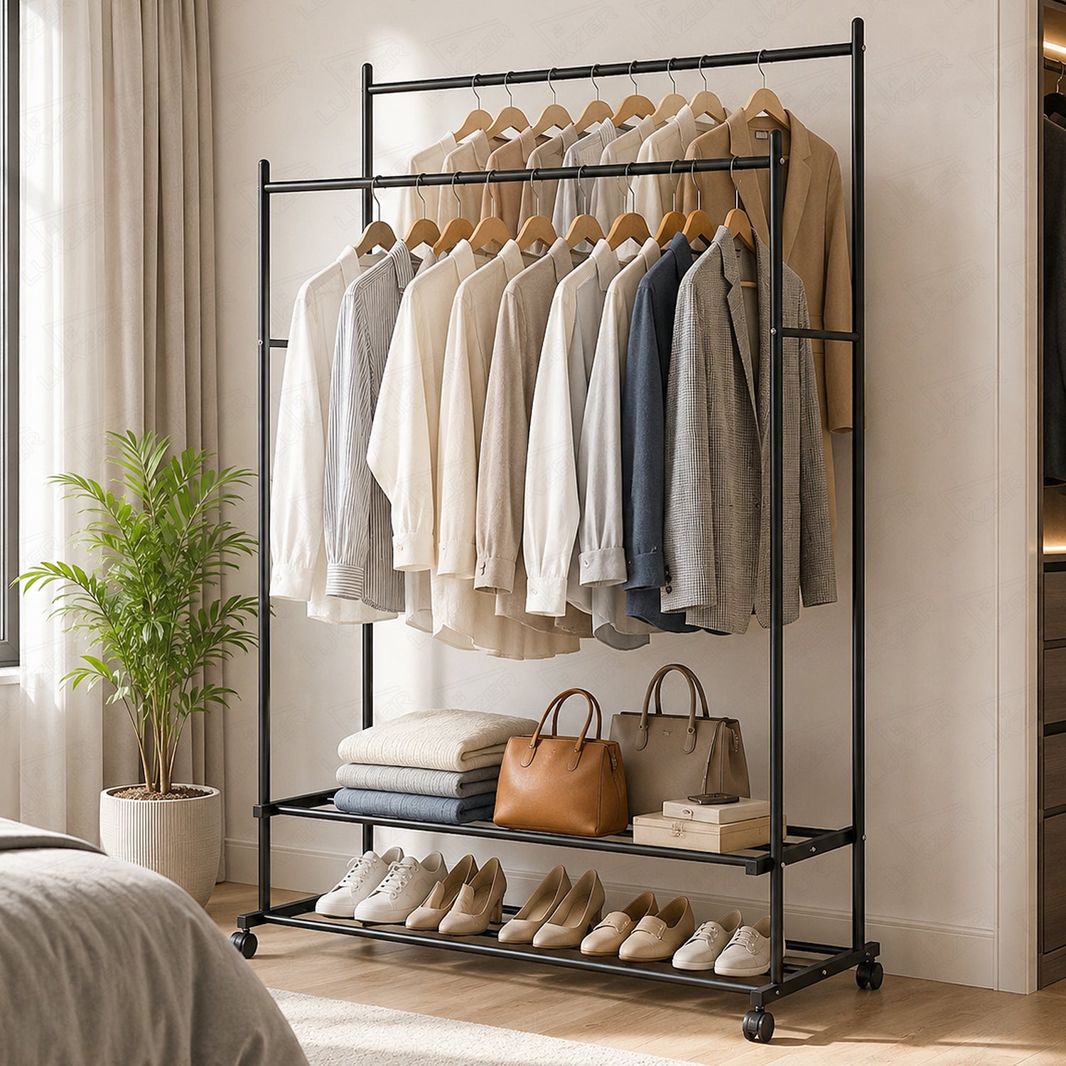 Lukzer Double Rod Metal Garment Rack with Wheels & 2 Bottom Shelves (Black)