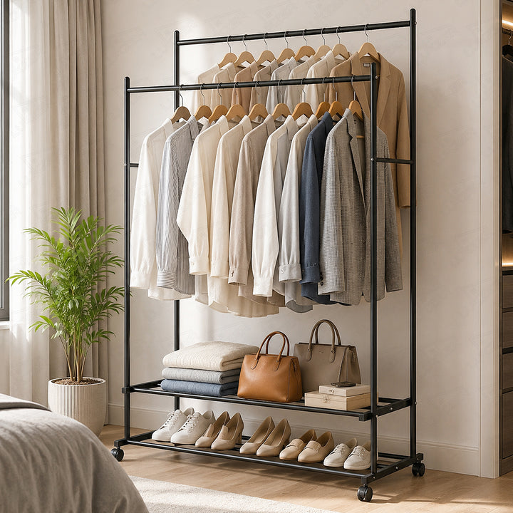 Lukzer Double Rod Metal Garment Rack with Wheels & 2 Bottom Shelves (Black)