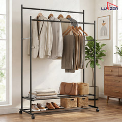 Lukzer Double Rod Metal Garment Rack with Wheels & 2 Bottom Shelves (Black)