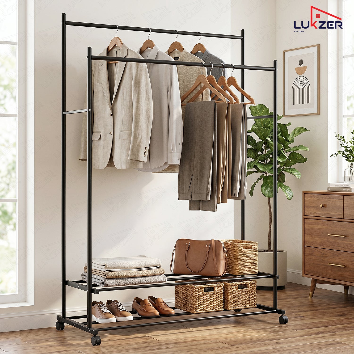 Lukzer Double Rod Metal Garment Rack with Wheels & 2 Bottom Shelves (Black)