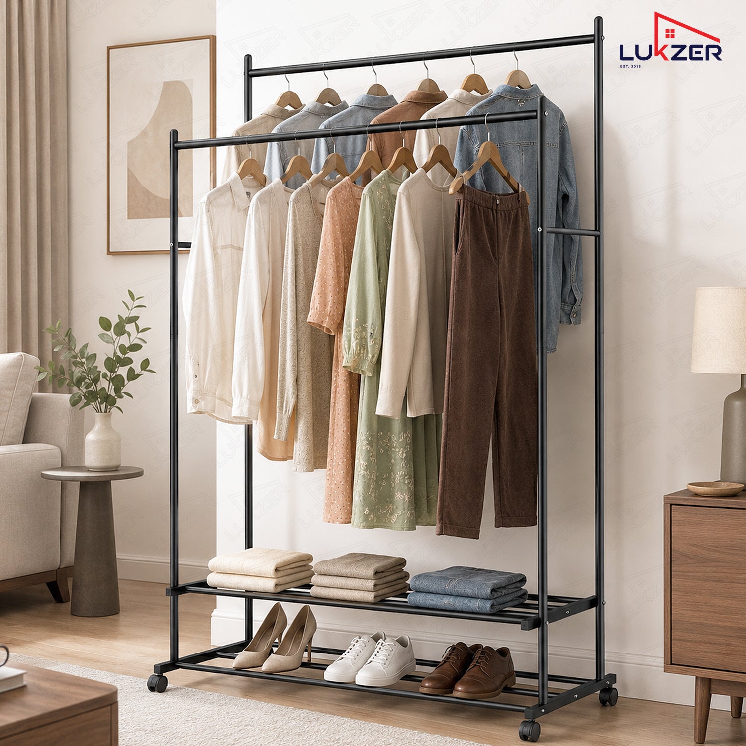 Lukzer Double Rod Metal Garment Rack with Wheels & 2 Bottom Shelves (Black)