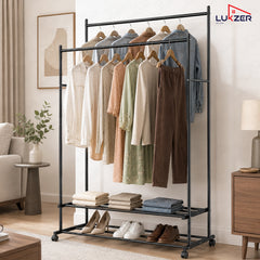 Lukzer Double Rod Metal Garment Rack with Wheels & 2 Bottom Shelves (Black)
