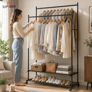 Lukzer Double Rod Metal Garment Rack with Wheels & 2 Bottom Shelves (Black)