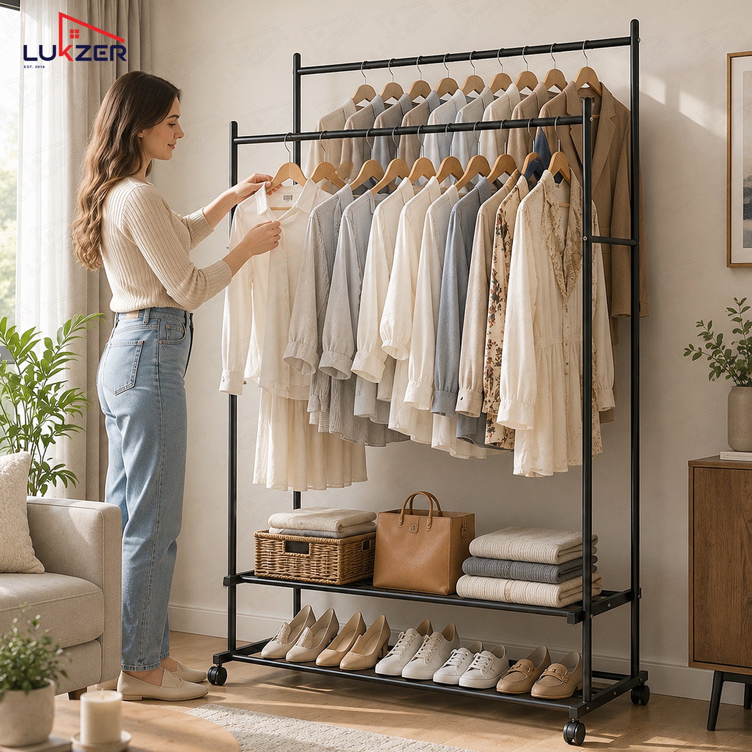 Lukzer Double Rod Metal Garment Rack with Wheels & 2 Bottom Shelves (Black)