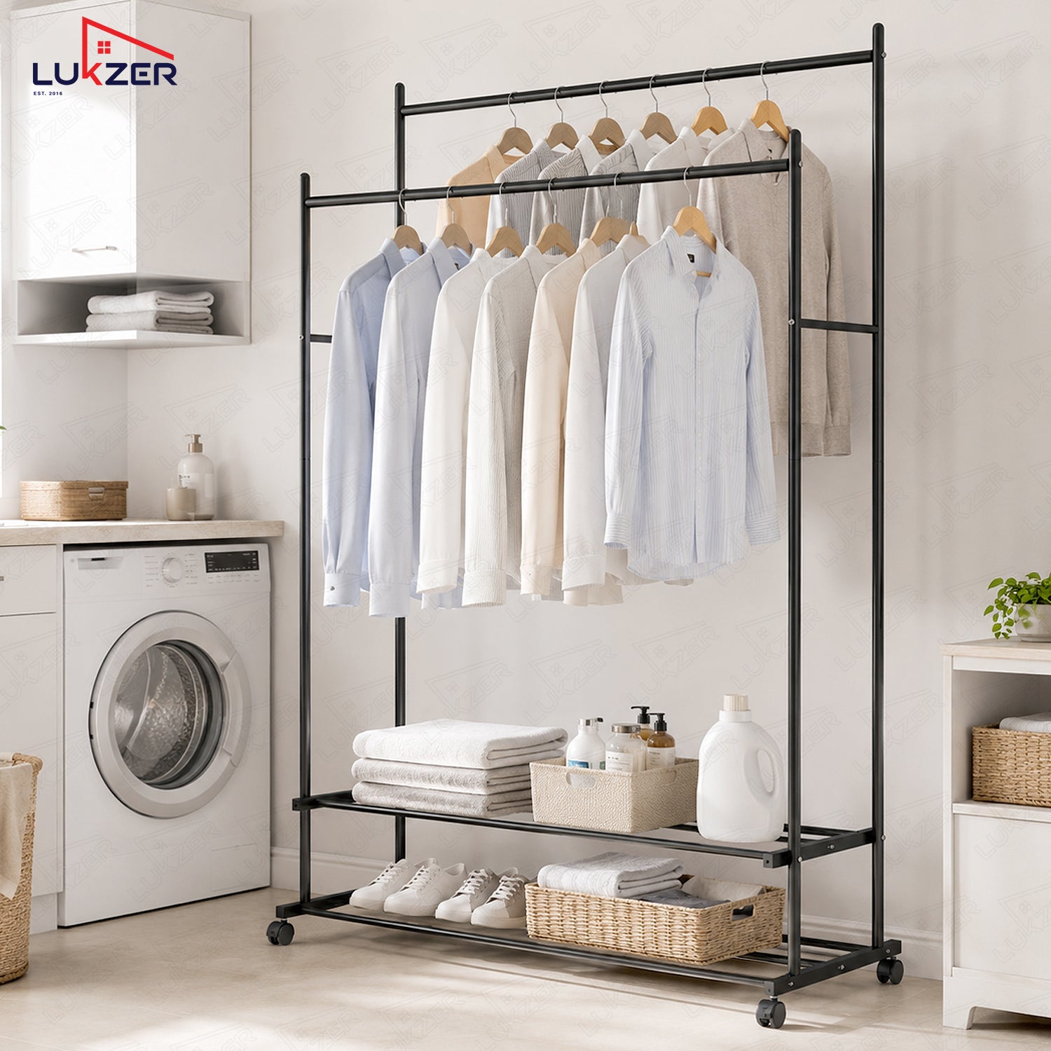 Lukzer Double Rod Metal Garment Rack with Wheels & 2 Bottom Shelves (Black)