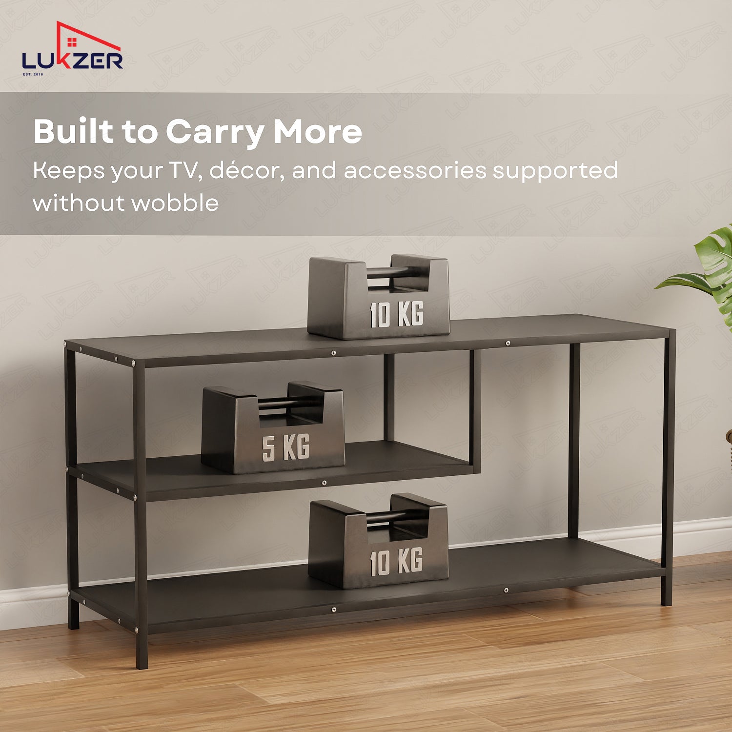 Lukzer Metal & Engineered Wood TV Unit Stand with Open Shelves (MTU-001) Black & Black