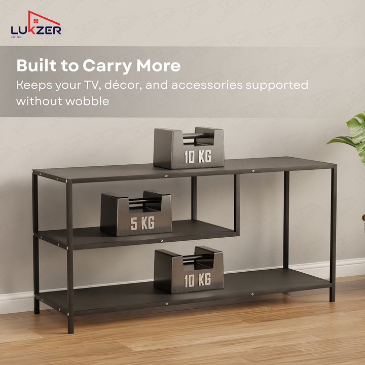 Lukzer Metal & Engineered Wood TV Unit Stand with Open Shelves (MTU-001) Black & Black