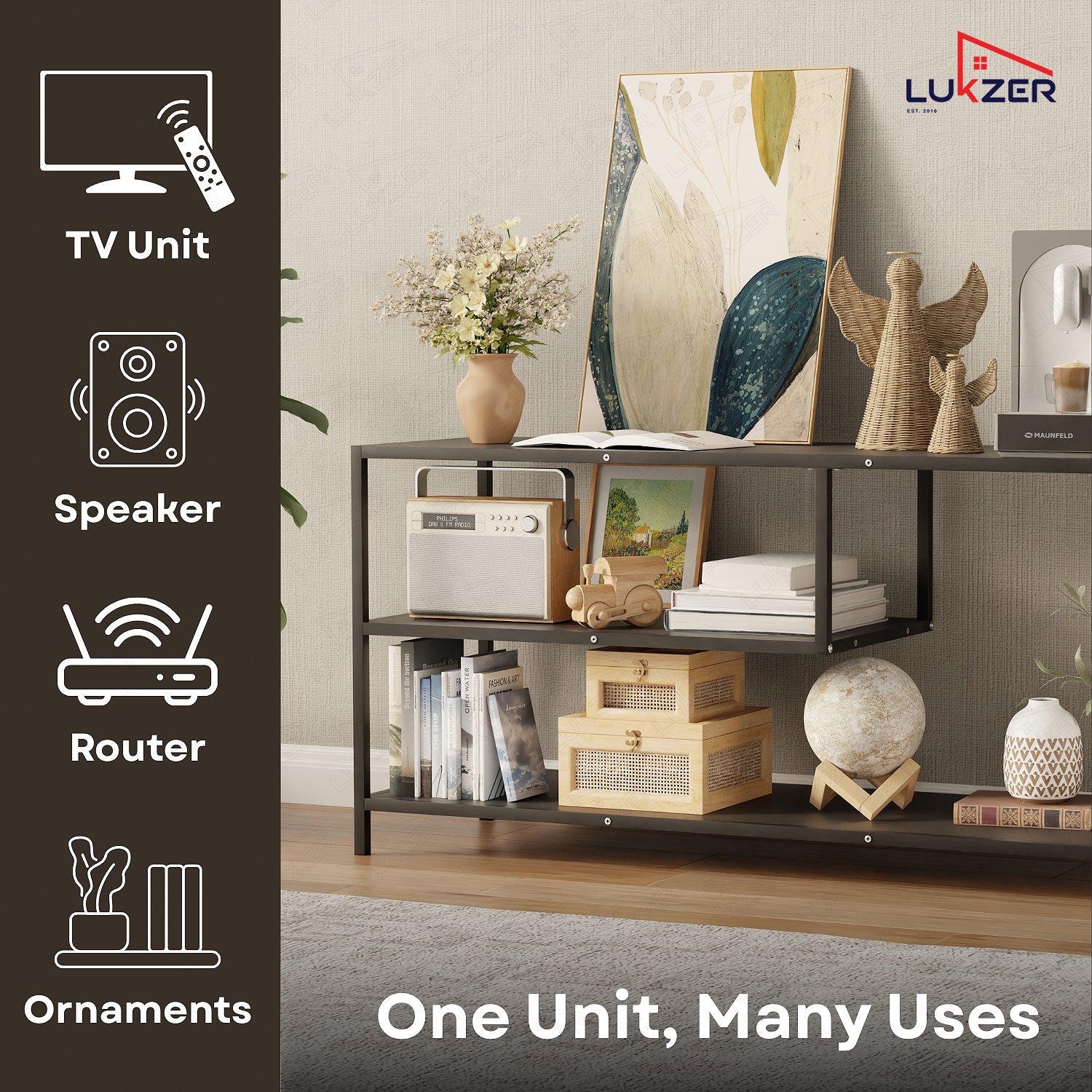 Lukzer Metal & Engineered Wood TV Unit Stand with Open Shelves (MTU-001) Black & Black