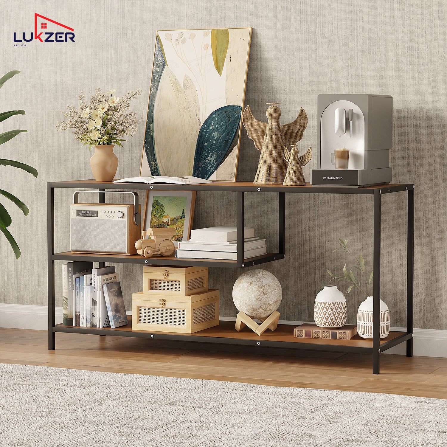Lukzer Metal & Engineered Wood TV Unit Stand with Open Shelves (MTU-001) Black & Oak Brown
