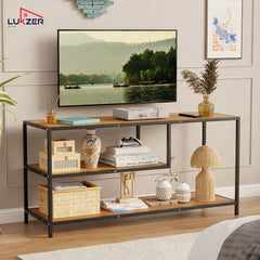 Lukzer Metal & Engineered Wood TV Unit Stand with Open Shelves (MTU-001) Black & Oak Brown