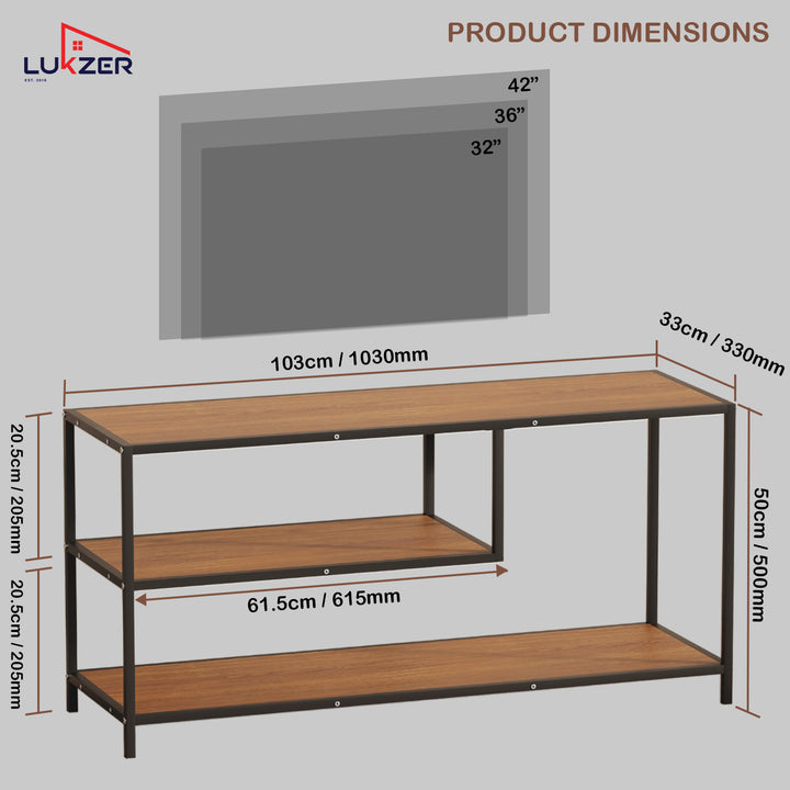 Lukzer Metal & Engineered Wood TV Unit Stand with Open Shelves (MTU-001) Black & Oak Brown