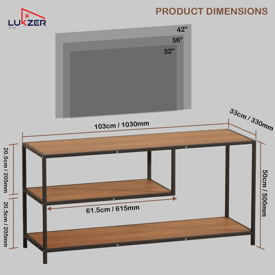 Lukzer Metal & Engineered Wood TV Unit Stand with Open Shelves (MTU-001) Black & Oak Brown