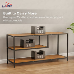 Lukzer Metal & Engineered Wood TV Unit Stand with Open Shelves (MTU-001) Black & Oak Brown