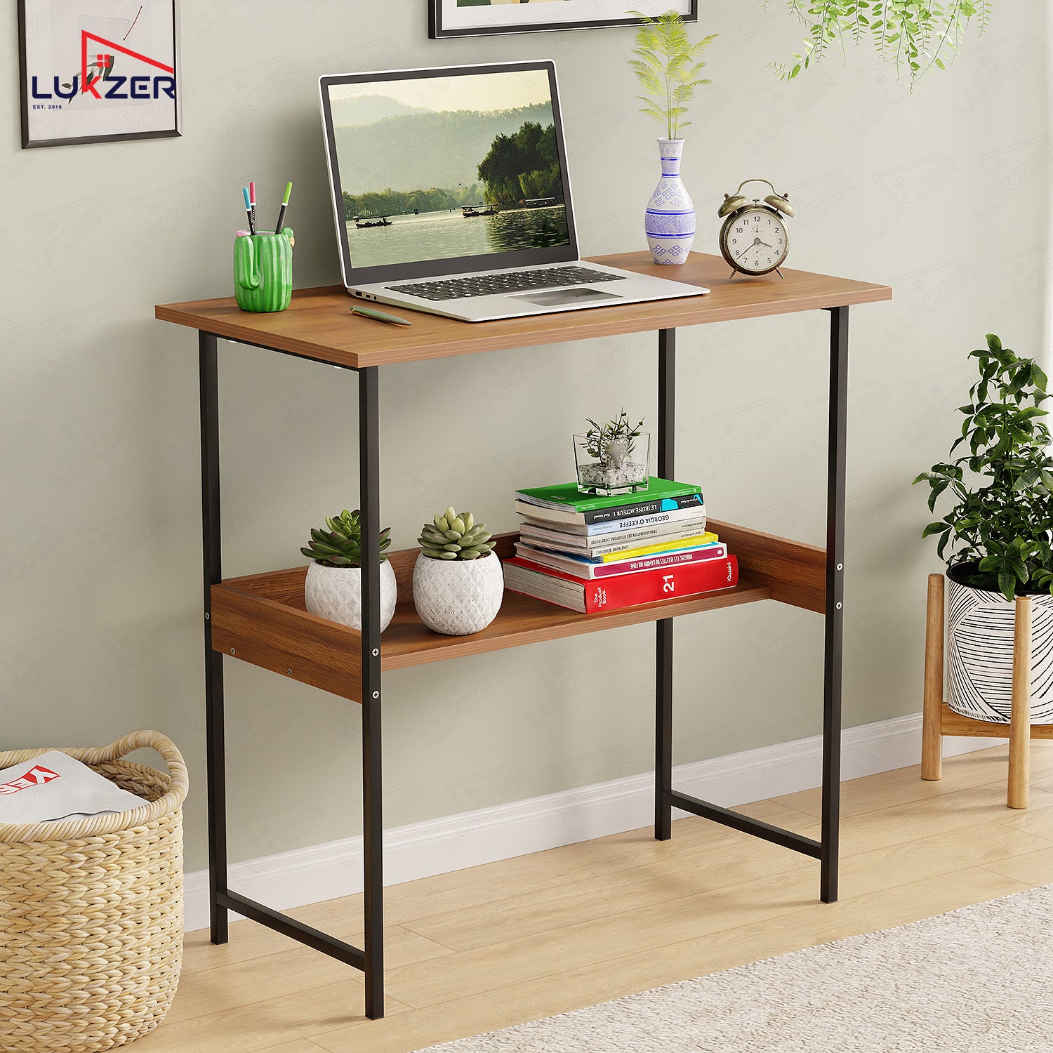 Lukzer Metal & Engineered Wood Kids Study Table with Open Shelf (MST-004S/Black & Oak Brown)