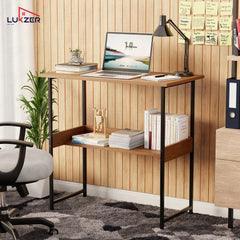 Lukzer Metal & Engineered Wood Kids Study Table with Open Shelf (MST-004S/Black & Oak Brown)