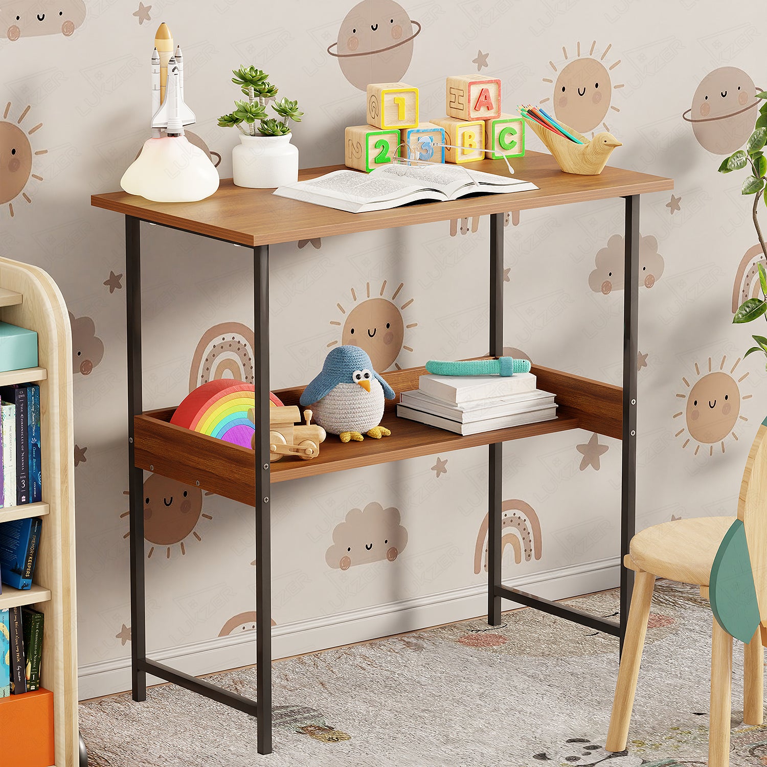 Lukzer Metal & Engineered Wood Kids Study Table with Open Shelf (MST-004S/Black & Oak Brown)