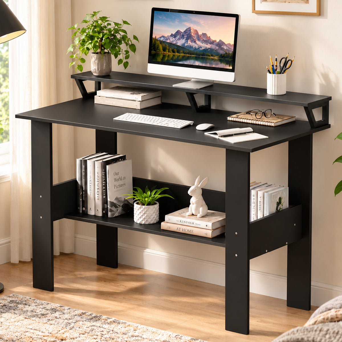 Lukzer Study Table with Monitor Riser & Open Book Shelf (MST-004/Black)