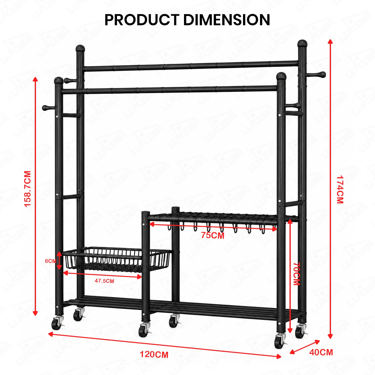 Lukzer 32 mm Metal Double Rod Garment Rack with Multiple Cloth Hangers & Shoes Organizer (Black)