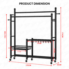 Lukzer 32 mm Metal Double Rod Garment Rack with Multiple Cloth Hangers & Shoes Organizer (Black)