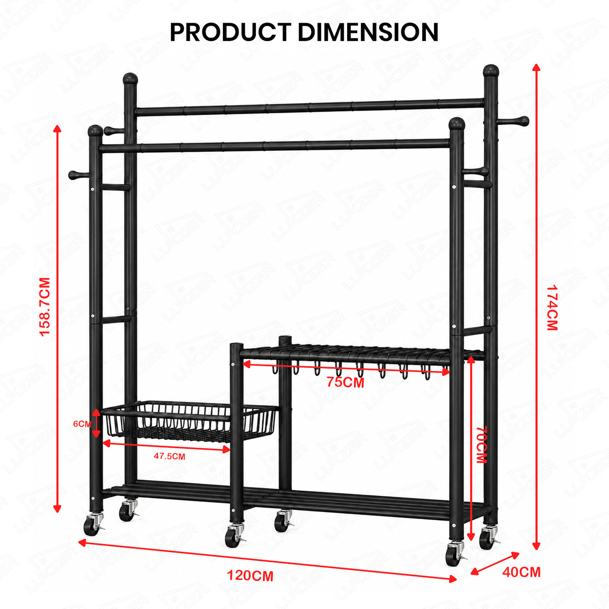 Lukzer 32 mm Metal Double Rod Garment Rack with Multiple Cloth Hangers & Shoes Organizer (Black)