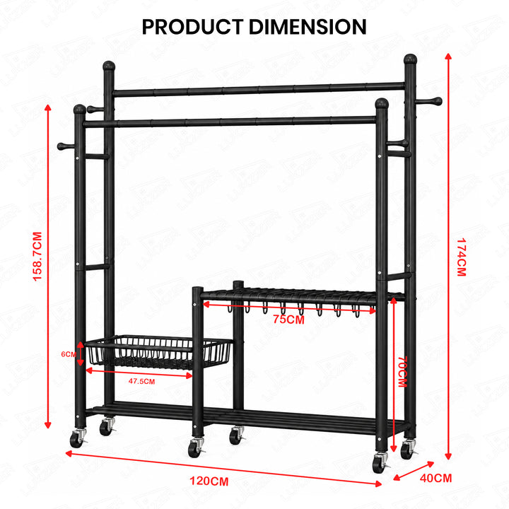 Lukzer 32 mm Metal Double Rod Garment Rack with Multiple Cloth Hangers & Shoes Organizer (Black)